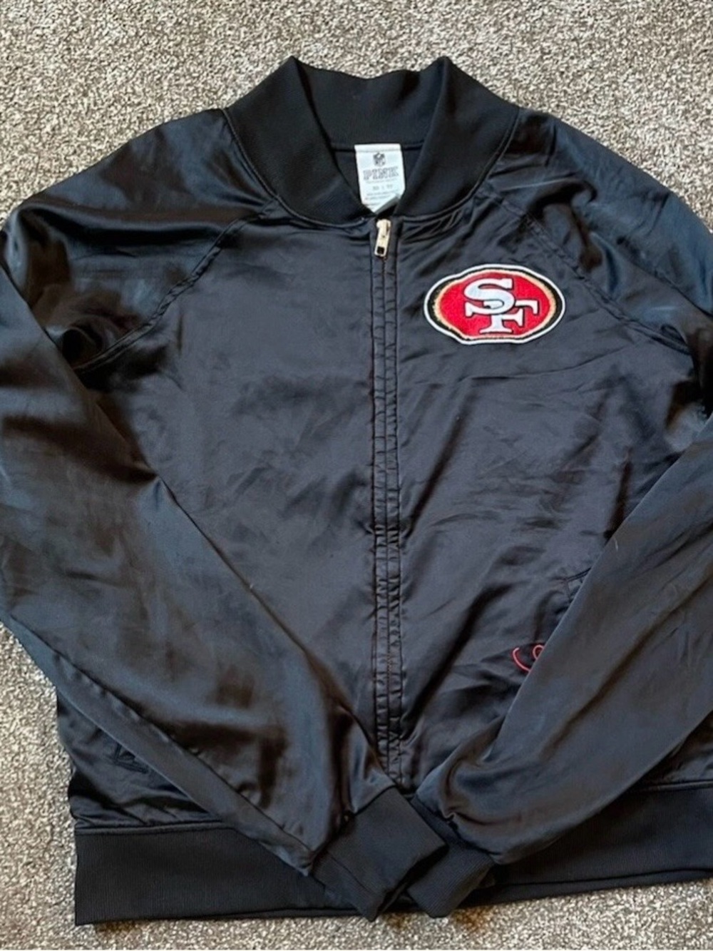 San Francisco 49ers Black Satin Bomber Jacket XS Zip Up.